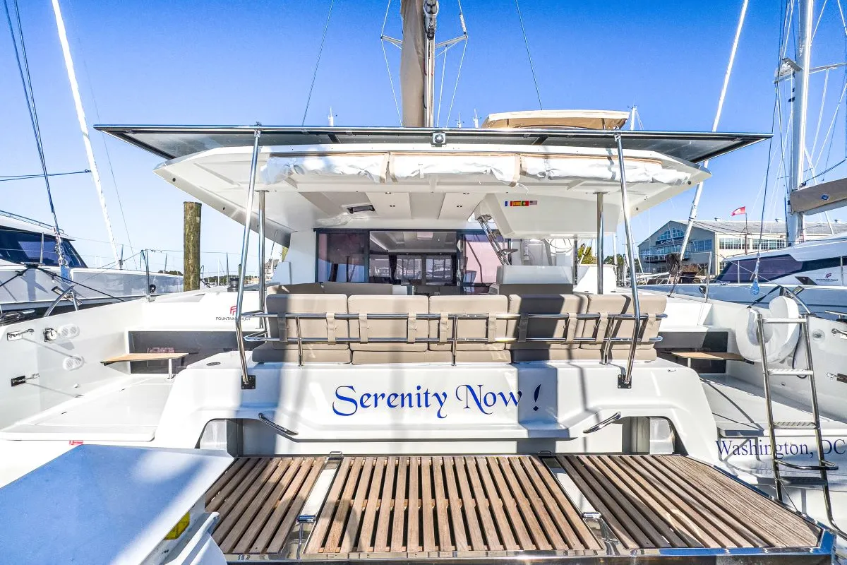 Deck of Serenity Now, a Fountaine Pajot Astrea 42 Maestro catamaran at Road Town, British Virgin Islands