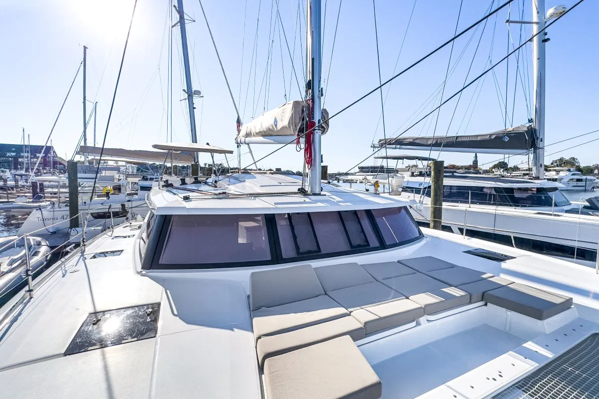 Deck of Serenity Now, a Fountaine Pajot Astrea 42 Maestro catamaran at Road Town, British Virgin Islands