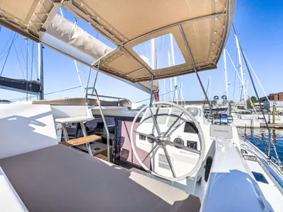 Cockpit of Serenity Now, a Fountaine Pajot Astrea 42 Maestro catamaran at Road Town, British Virgin Islands
