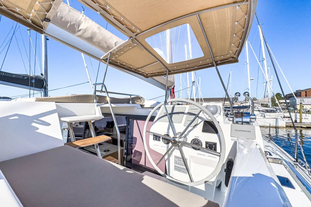 Cockpit of Serenity Now, a Fountaine Pajot Astrea 42 Maestro catamaran at Road Town, British Virgin Islands