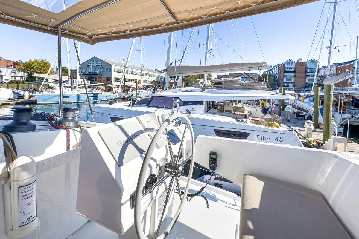 Cockpit of Serenity Now, a Fountaine Pajot Astrea 42 Maestro catamaran at Road Town, British Virgin Islands