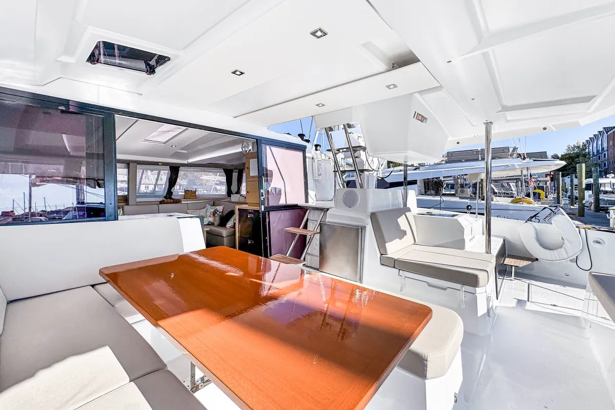 Deck of Serenity Now, a Fountaine Pajot Astrea 42 Maestro catamaran at Road Town, British Virgin Islands