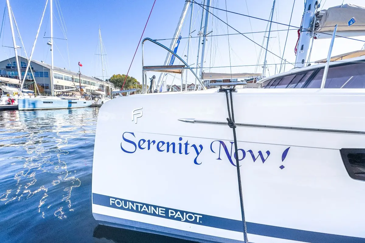 Exterior view of Serenity Now, a Fountaine Pajot Astrea 42 Maestro catamaran at Road Town, British Virgin Islands