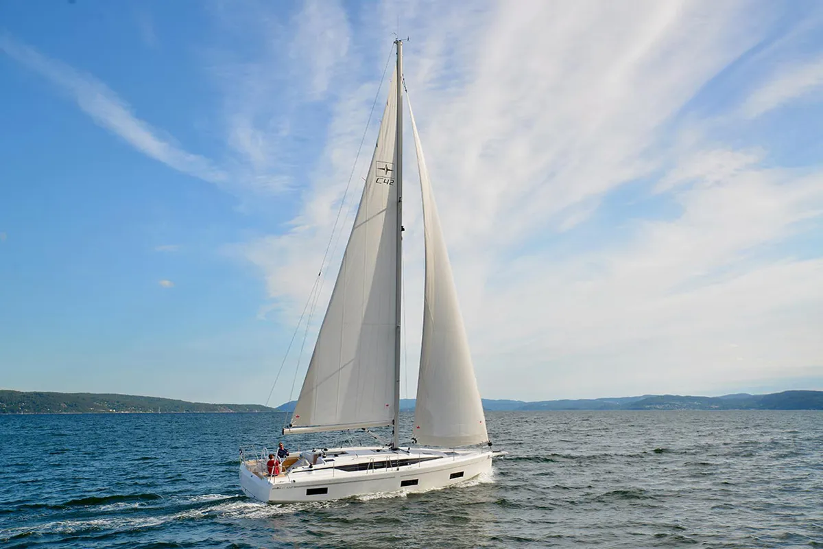 Exterior view of Giulia, a Bavaria C42 sailboat at Portoferraio, Italy