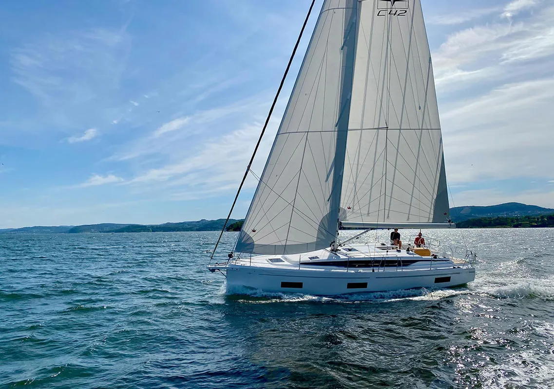 Exterior view of Giulia, a Bavaria C42 sailboat at Portoferraio, Italy