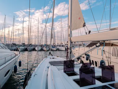 Deck of Ghost, a Bavaria C57 sailboat at Lavrion, Greece