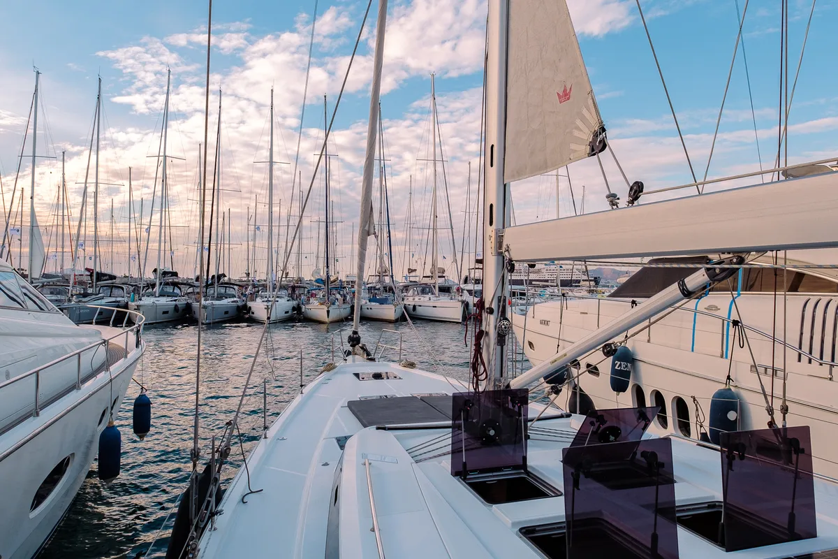 Deck of Ghost, a Bavaria C57 sailboat at Lavrion, Greece