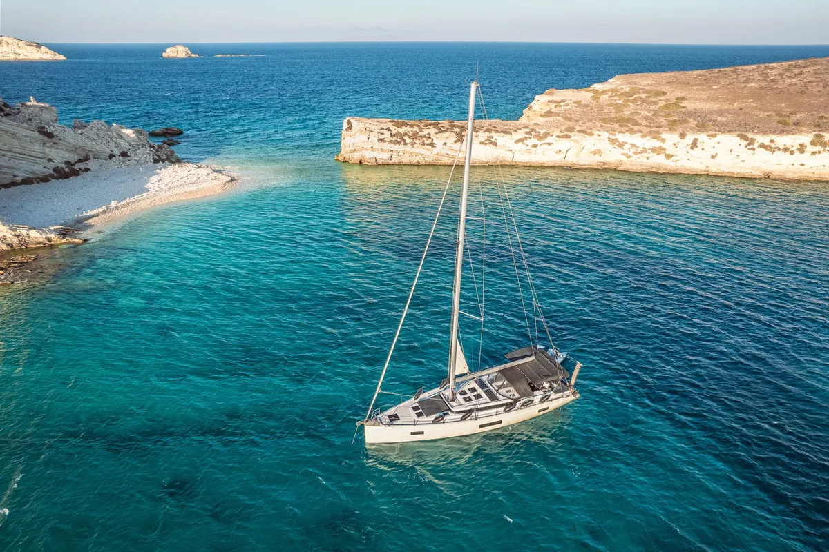 Exterior view of Ghost, a Bavaria C57 sailboat at Lavrion, Greece