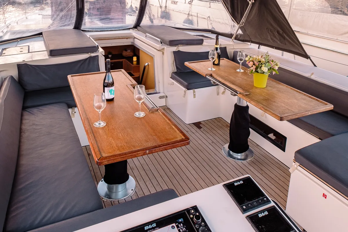 Deck of Ghost, a Bavaria C57 sailboat at Lavrion, Greece