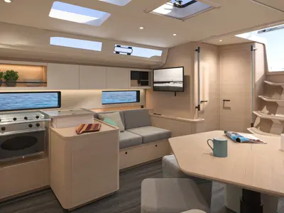 Salon of Sunsail 44.3 Premium, a Dufour 44 sailboat at Municipal Unit of Lefkada, Greece