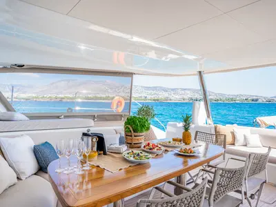 Deck of WHITE CAPS, a Lagoon Sixty 5 catamaran at Municipal Unit of Nea Peramos, Greece
