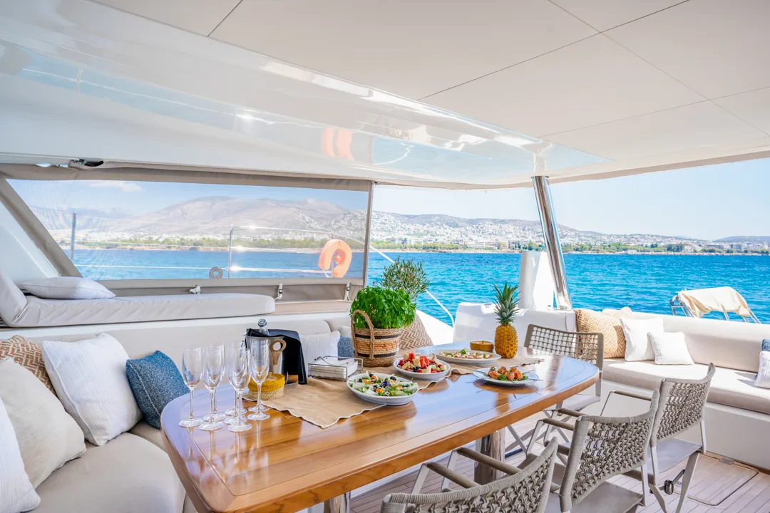 Deck of WHITE CAPS, a Lagoon Sixty 5 catamaran at Municipal Unit of Nea Peramos, Greece