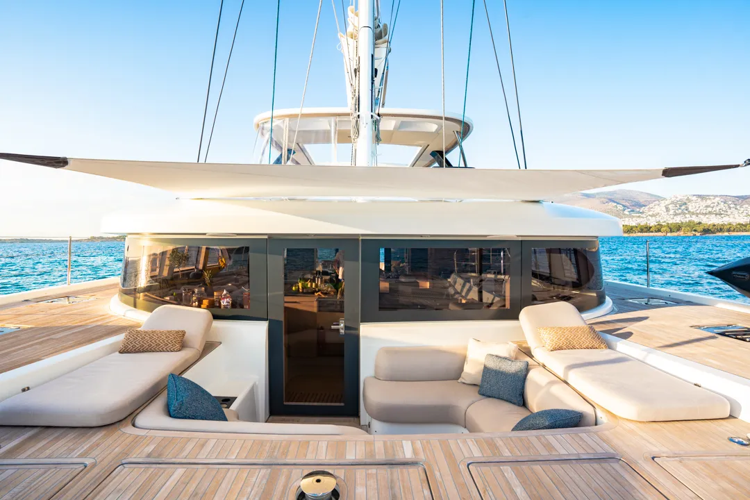 Deck of WHITE CAPS, a Lagoon Sixty 5 catamaran at Municipal Unit of Nea Peramos, Greece