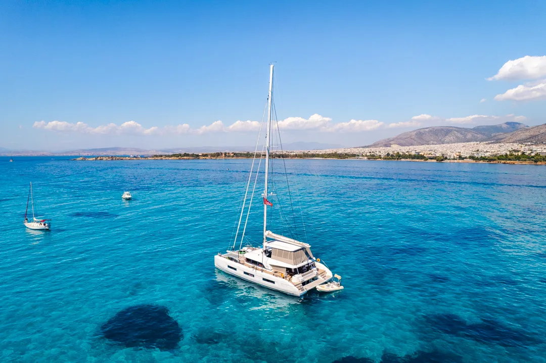 Exterior view of WHITE CAPS, a Lagoon Sixty 5 catamaran at Municipal Unit of Nea Peramos, Greece