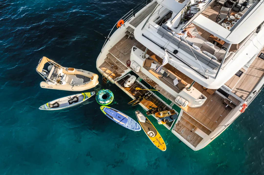 Exterior view of WHITE CAPS, a Lagoon Sixty 5 catamaran at Municipal Unit of Nea Peramos, Greece