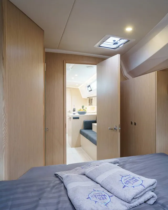 Cabin on Ostwind II, a Bavaria C42 sailboat at Cala Egos, Spain