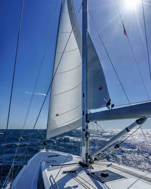 Deck of Ostwind II, a Bavaria C42 sailboat at Cala Egos, Spain