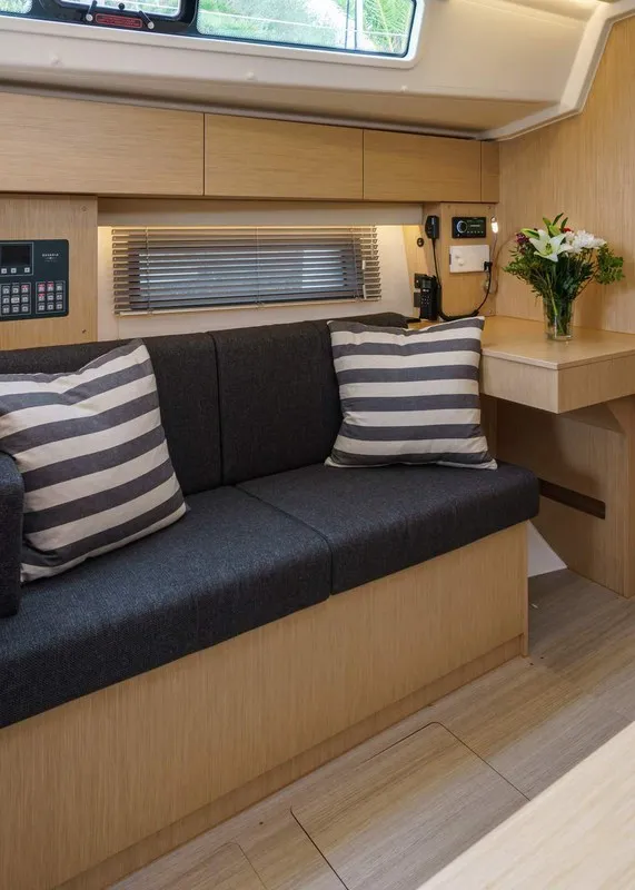 Salon of Ostwind II, a Bavaria C42 sailboat at Cala Egos, Spain