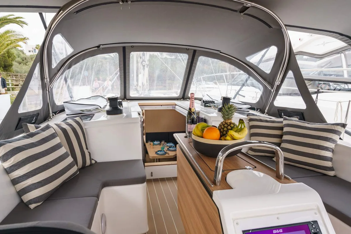 Deck of Ostwind II, a Bavaria C42 sailboat at Cala Egos, Spain