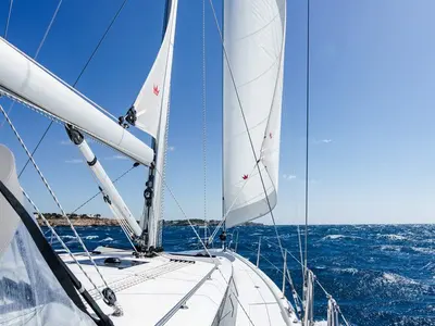 Deck of Ostwind II, a Bavaria C42 sailboat at Cala Egos, Spain
