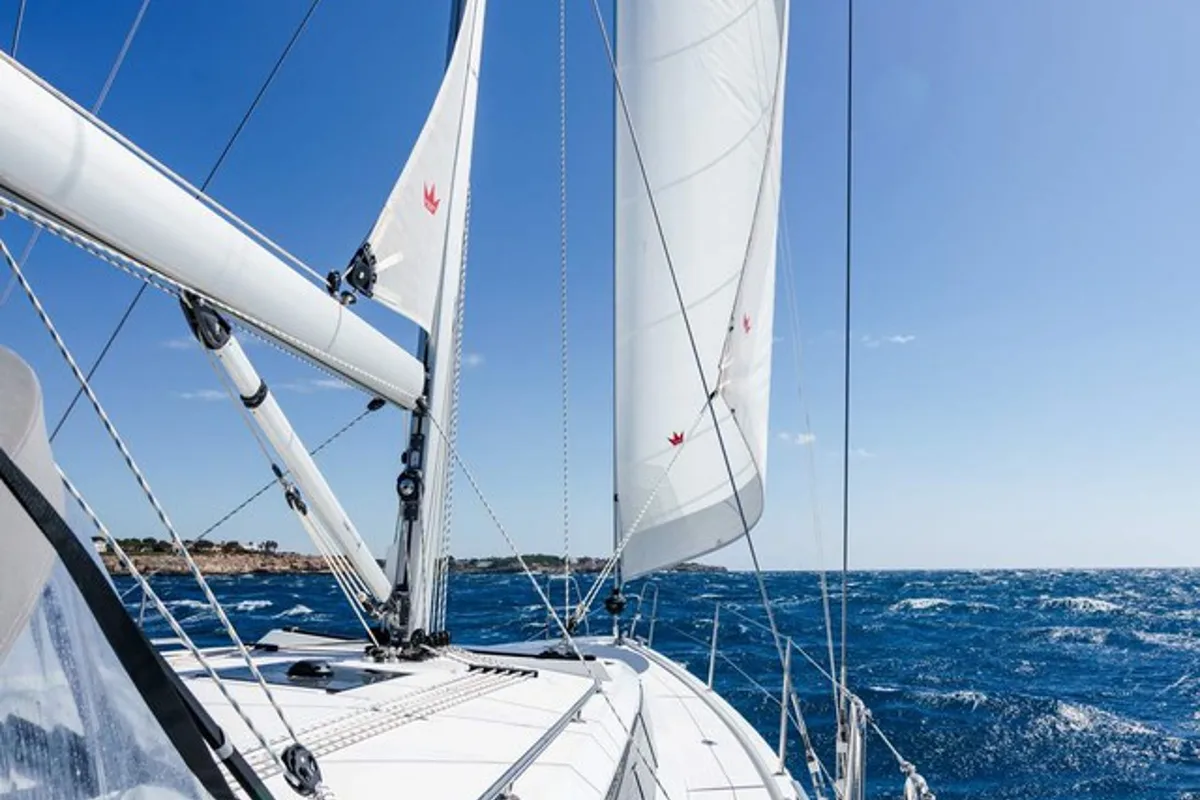 Deck of Ostwind II, a Bavaria C42 sailboat at Cala Egos, Spain
