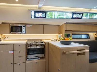 Galley of Ostwind II, a Bavaria C42 sailboat at Cala Egos, Spain