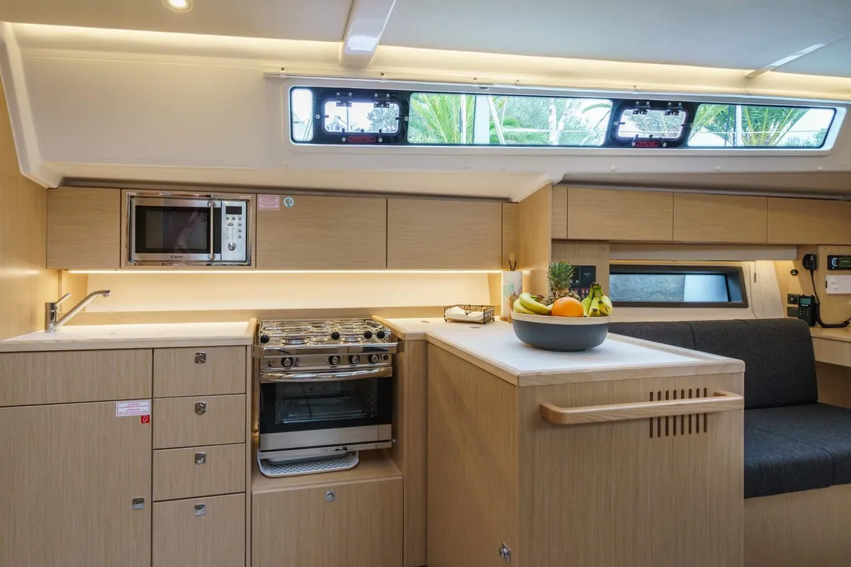 Galley of Ostwind II, a Bavaria C42 sailboat at Cala Egos, Spain