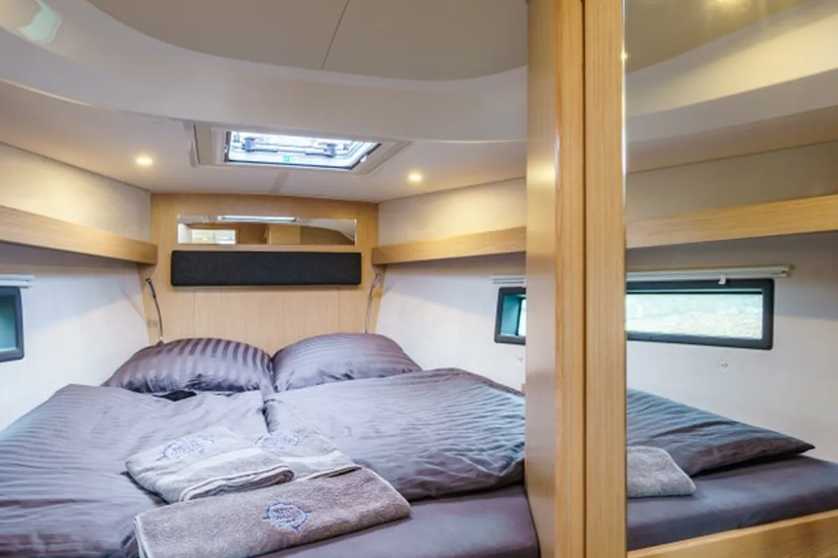 Cabin on Ostwind II, a Bavaria C42 sailboat at Cala Egos, Spain