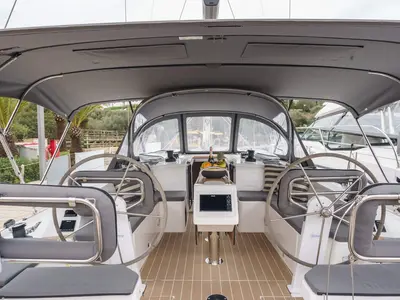 Cockpit of Ostwind II, a Bavaria C42 sailboat at Cala Egos, Spain