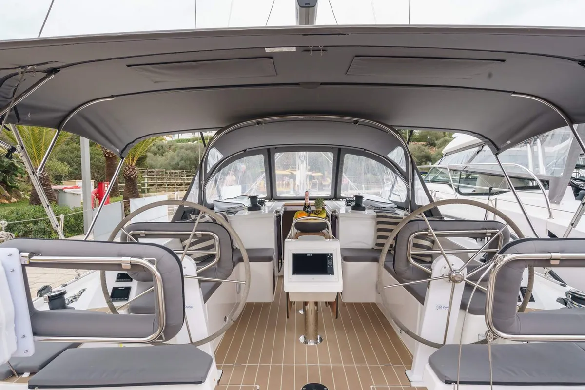 Cockpit of Ostwind II, a Bavaria C42 sailboat at Cala Egos, Spain