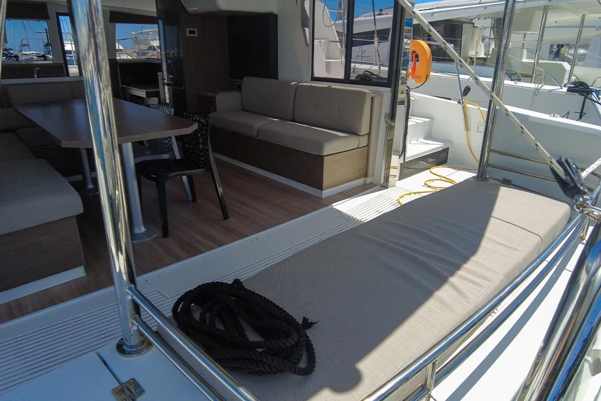 Deck of Zaz, a Bali 4.2 catamaran at Hyères, France