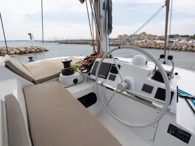 Cockpit of Zaz, a Bali 4.2 catamaran at Hyères, France