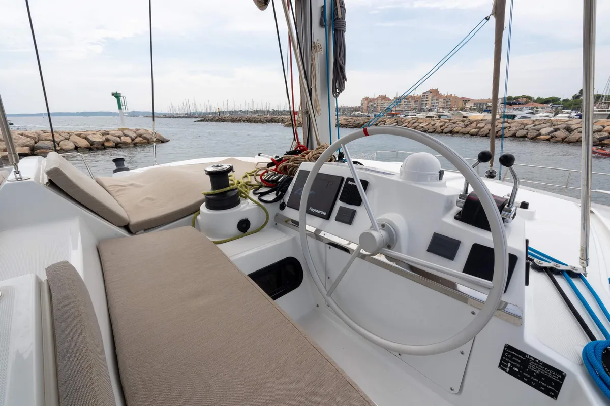 Cockpit of Zaz, a Bali 4.2 catamaran at Hyères, France
