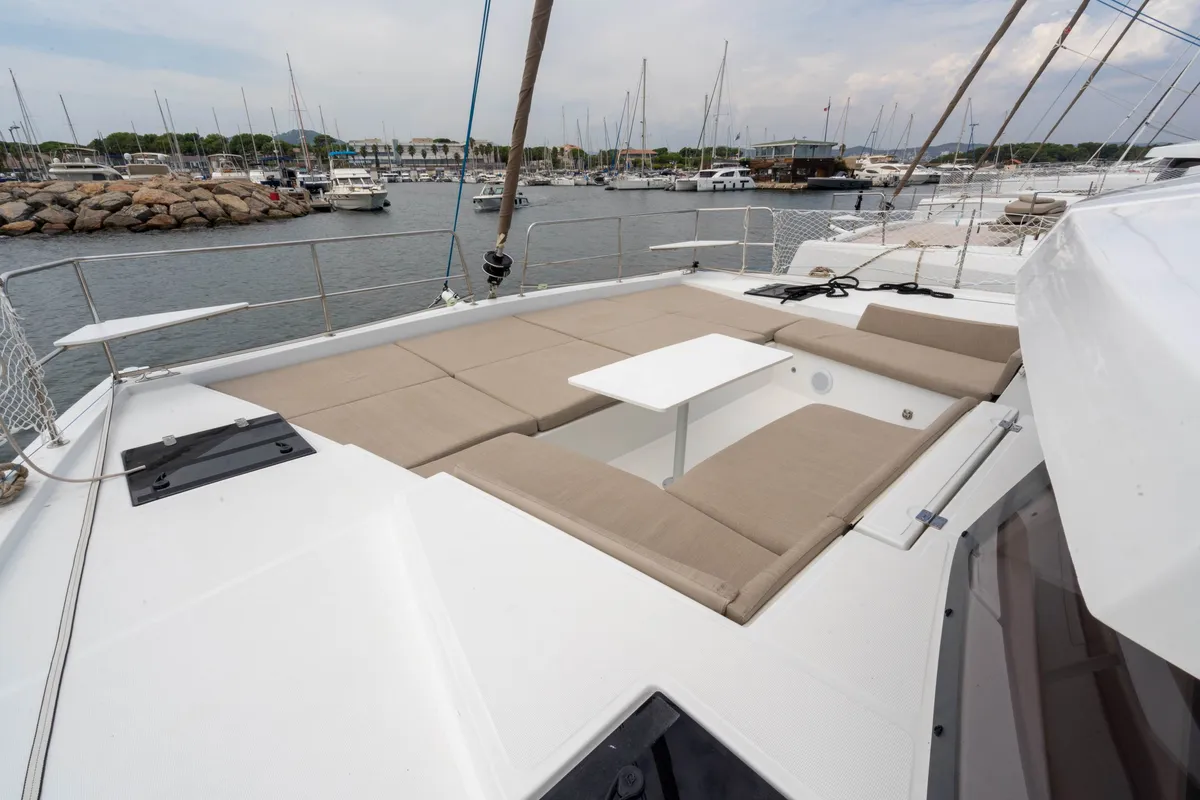 Deck of Zaz, a Bali 4.2 catamaran at Hyères, France