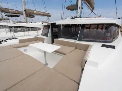 Deck of Zaz, a Bali 4.2 catamaran at Hyères, France