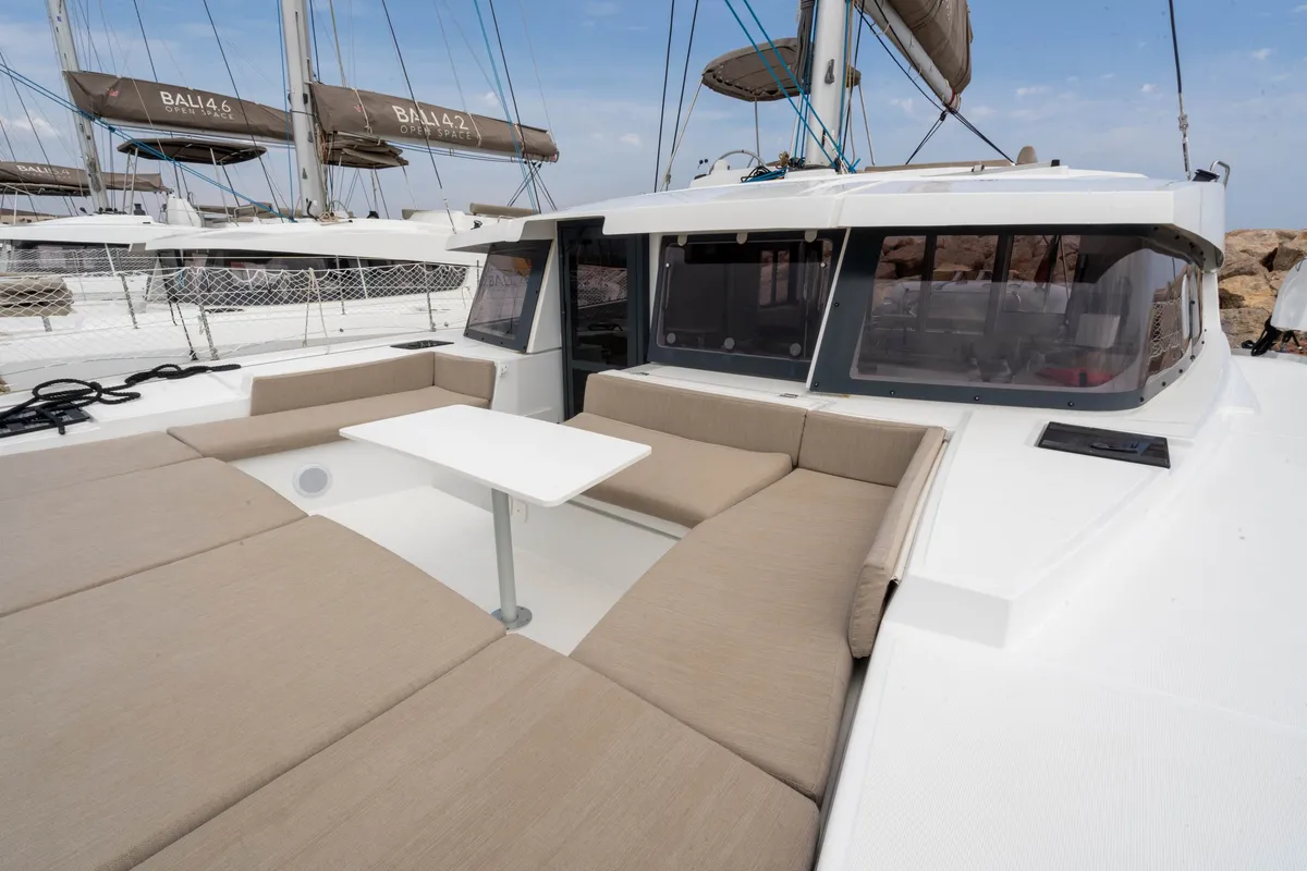 Deck of Zaz, a Bali 4.2 catamaran at Hyères, France