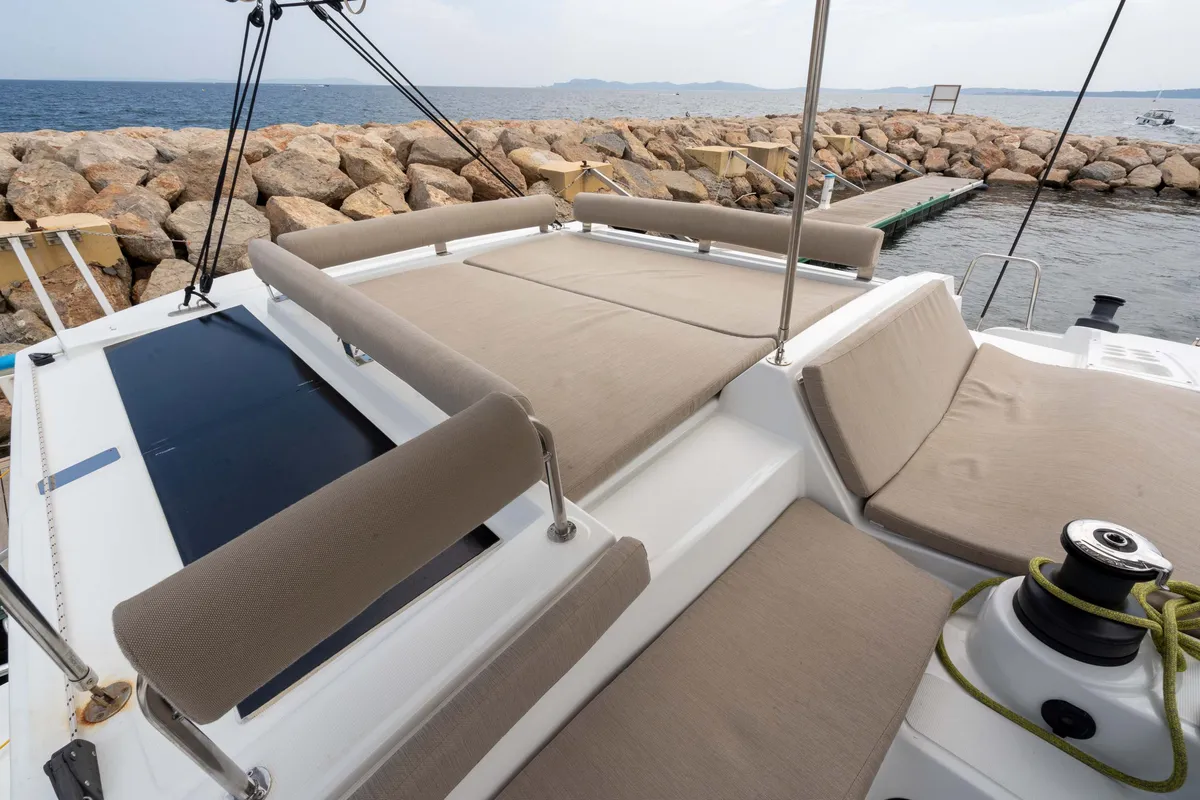 Deck of Zaz, a Bali 4.2 catamaran at Hyères, France
