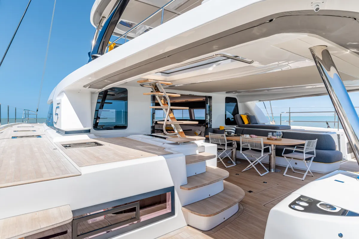 Deck of Lagoon Sixty 5, a catamaran at Olbia, Italy