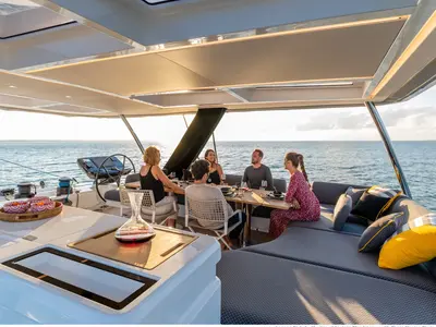 Deck of Lagoon Sixty 5, a catamaran at Olbia, Italy