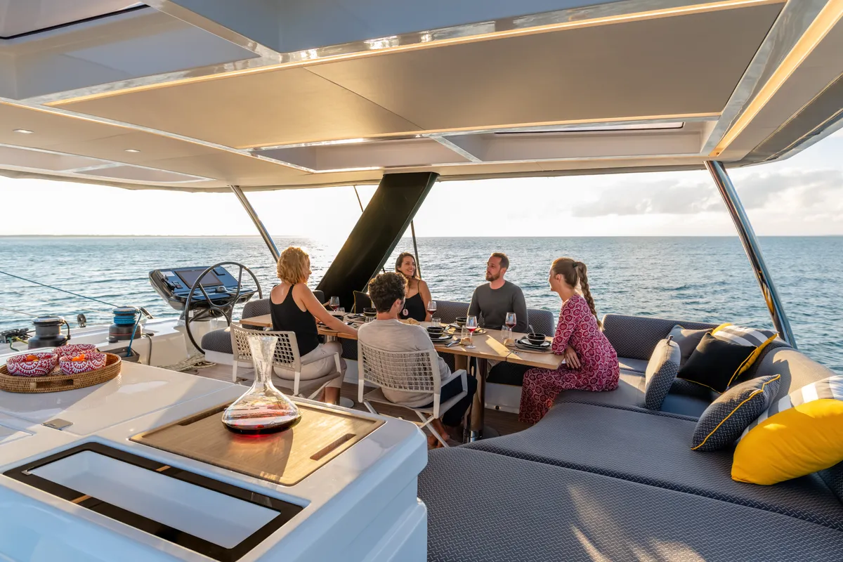 Deck of Lagoon Sixty 5, a catamaran at Olbia, Italy