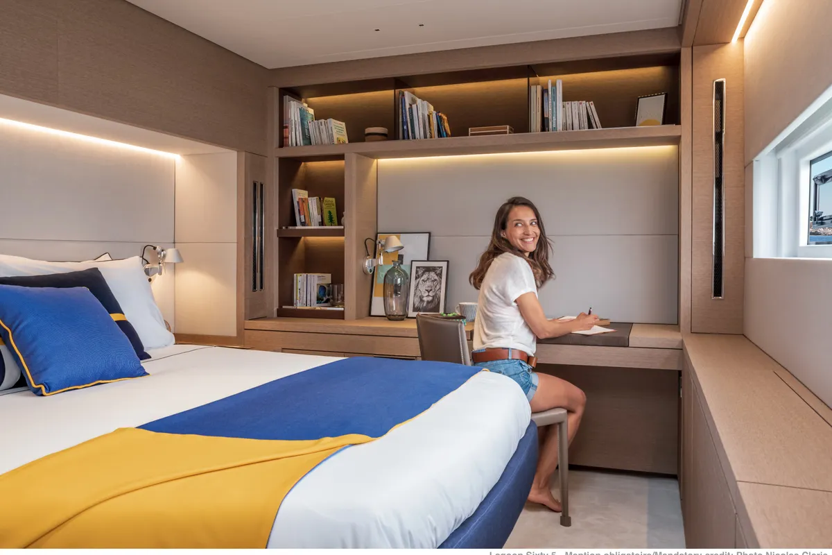 Cabin on Lagoon Sixty 5, a catamaran at Olbia, Italy