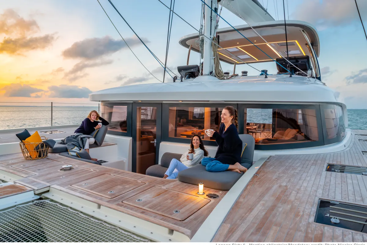Deck of Lagoon Sixty 5, a catamaran at Olbia, Italy