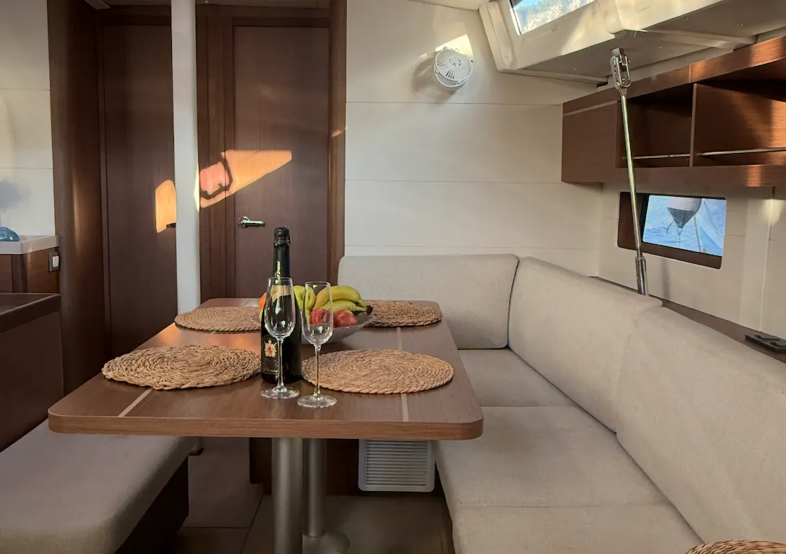 Salon of Athena 2, a Beneteau Oceanis 46.1 sailboat at Fethiye, Turkey