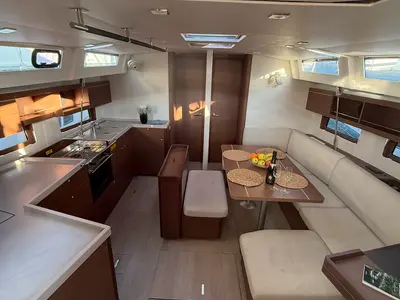 Salon of Athena 2, a Beneteau Oceanis 46.1 sailboat at Fethiye, Turkey