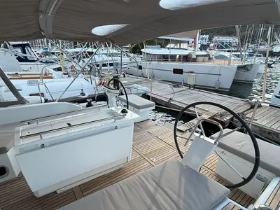 Cockpit of Athena 2, a Beneteau Oceanis 46.1 sailboat at Fethiye, Turkey
