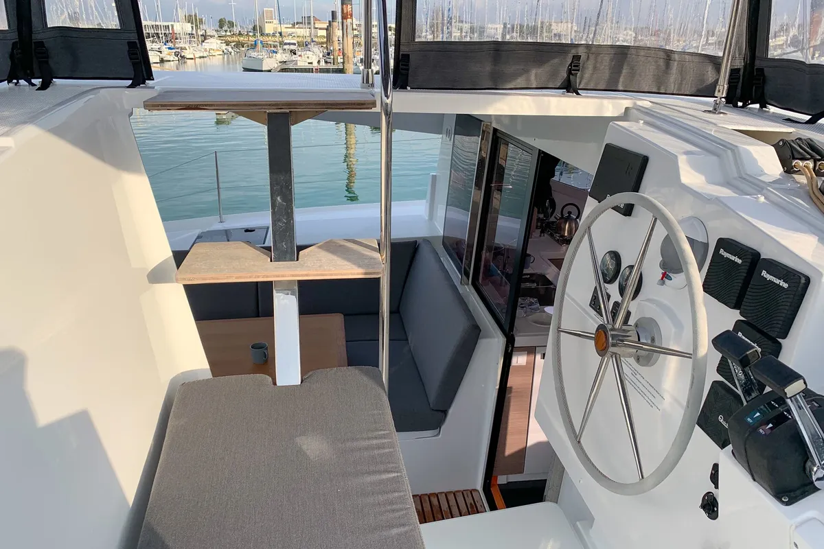 Cockpit of Merengue, a Fountaine Pajot Lucia 40 catamaran at Tivat, Montenegro