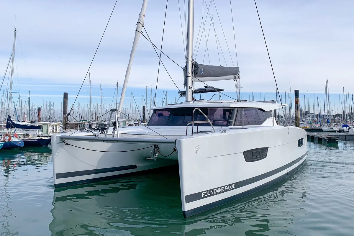 Exterior view of Merengue, a Fountaine Pajot Lucia 40 catamaran at Tivat, Montenegro