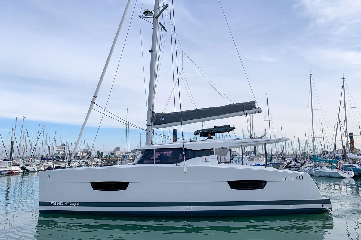 Exterior view of Merengue, a Fountaine Pajot Lucia 40 catamaran at Tivat, Montenegro