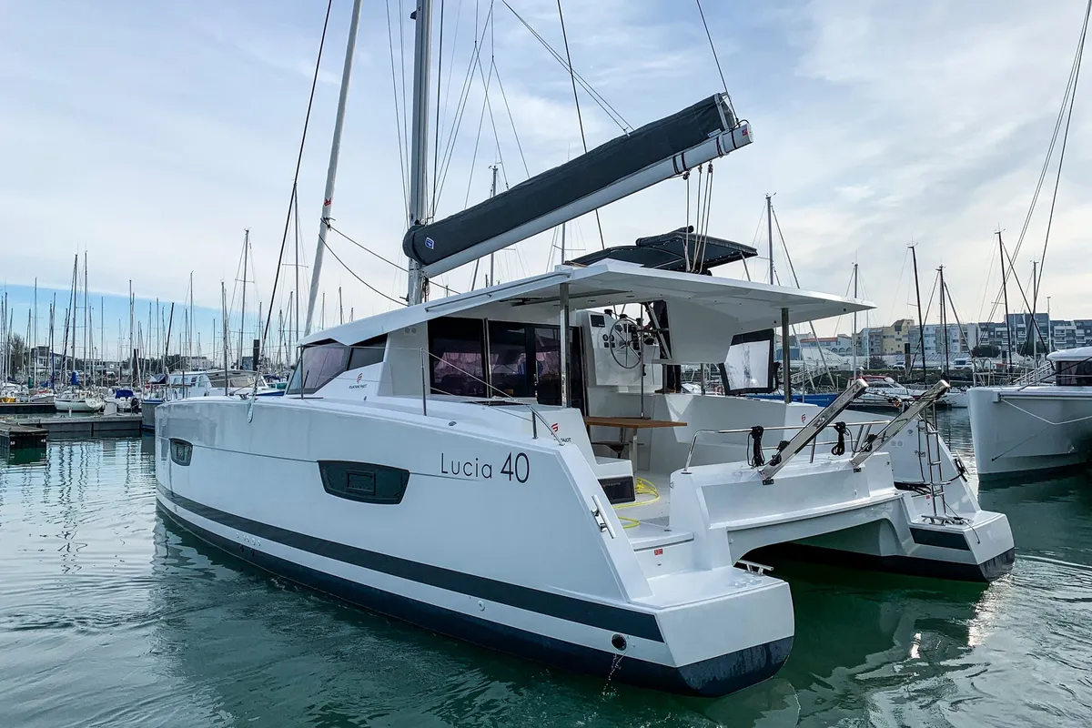 Exterior view of Merengue, a Fountaine Pajot Lucia 40 catamaran at Tivat, Montenegro