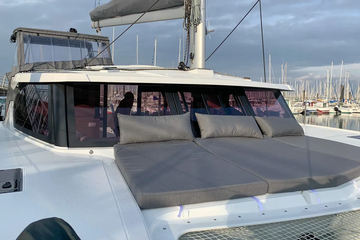 Deck of Merengue, a Fountaine Pajot Lucia 40 catamaran at Tivat, Montenegro